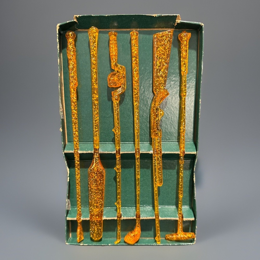 VTG Sports Themed Sizzle Sticks Stirrers Barware Amber Glitter Plastic Set Of 7